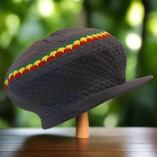 Rasta Dreadlocks Cap Tam Hat with Brim (Gray with Red/Yel/Grn)