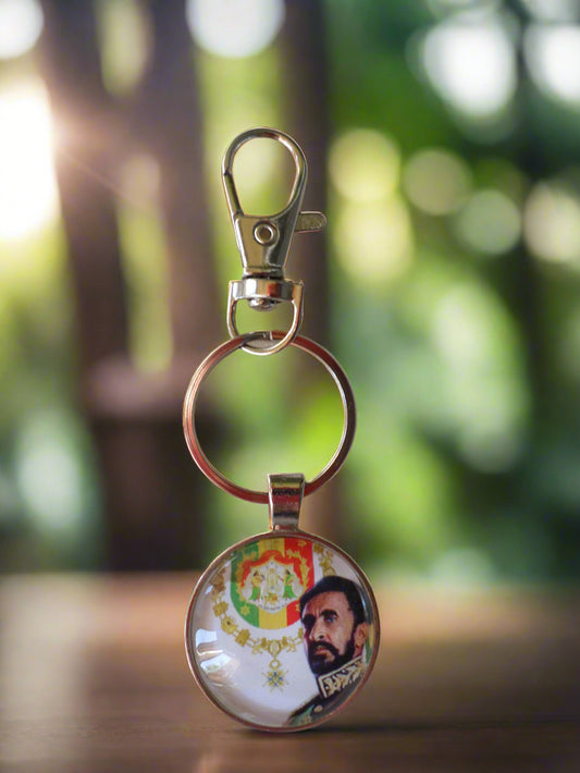 Rastafarian 3D Round Bezel Keychain of H.I.M. Haile Selassie I